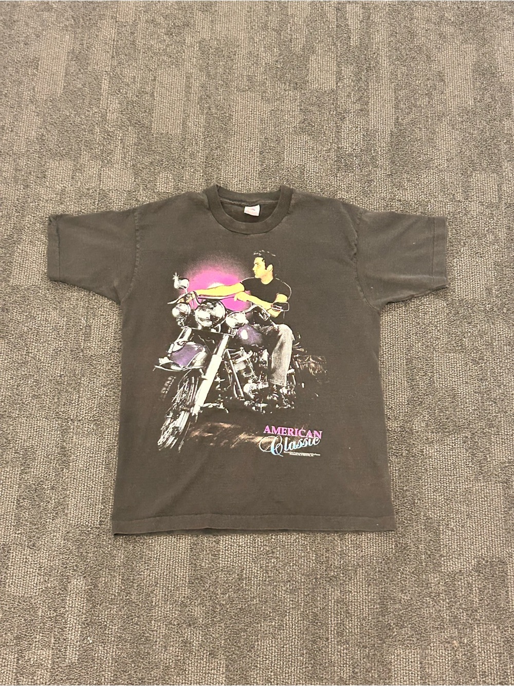 American Vintage Black Graphic Motorcycle Tee with Pink & Yellow Accents